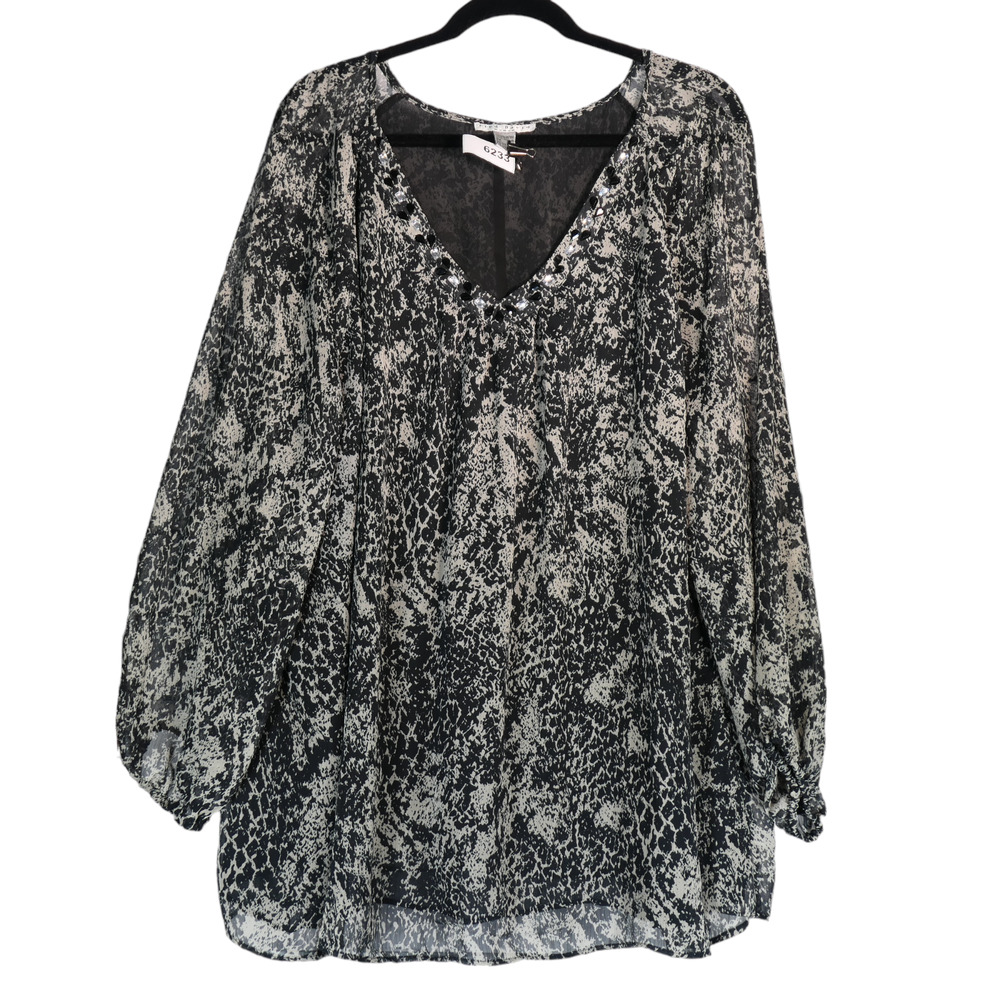 Fred Davis Blouse 3X Black Gray Embellished Rhinestone Glam Chic Subtle Sparkle